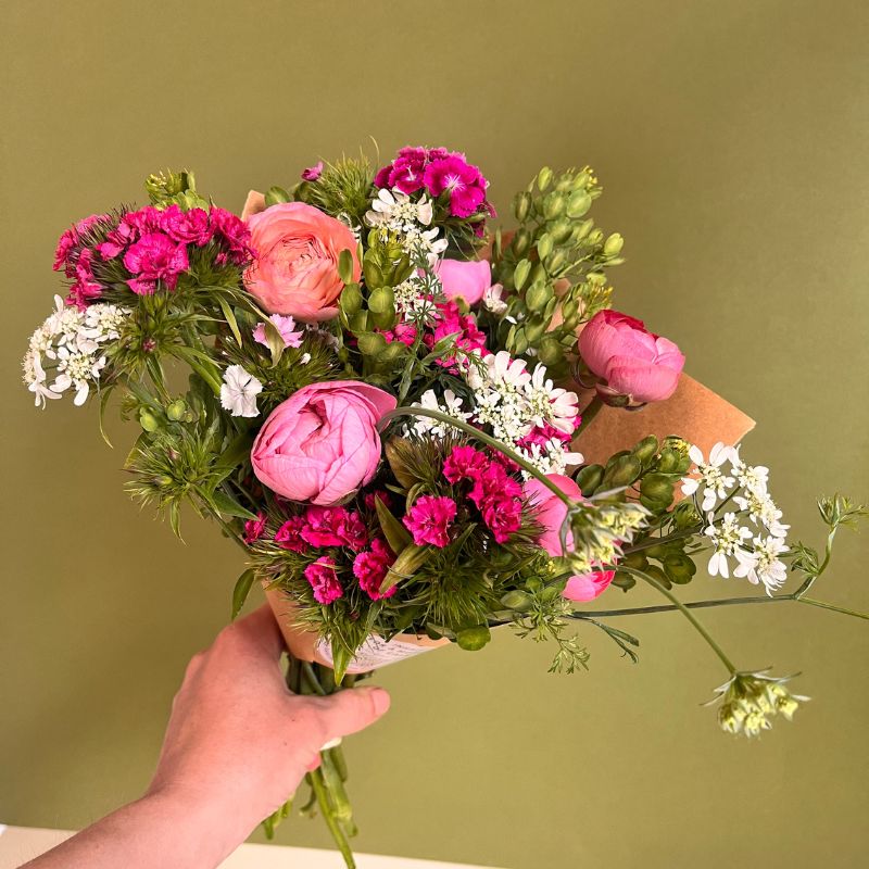 Pink early spring flower subscription bouquet held in hand